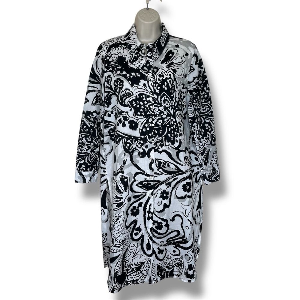 Chicos Linen Black White Paisley Floral Duster Tunic Button Front Women Medium